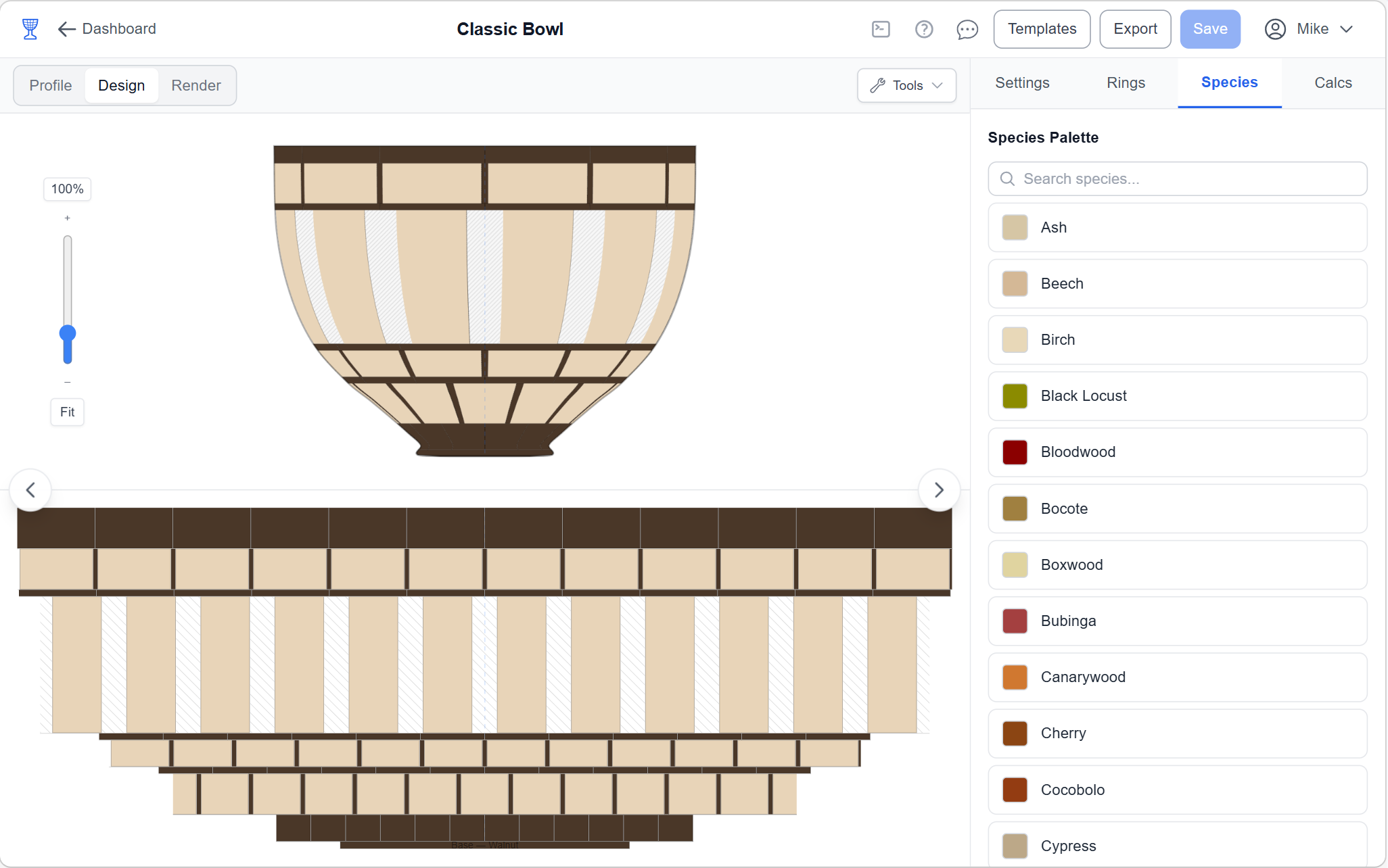 Design view — wood species palette, top-down ring layout, and cross-section with real wood colors